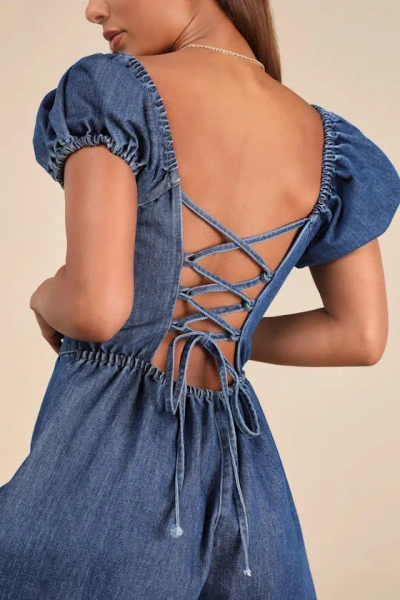 Lulus Feylith Medium Wash Denim Romper In Blue