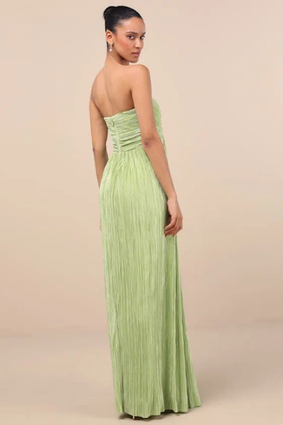 Lulus Oswin Lime Green Satin Plisse Strapless Maxi Dress In Green