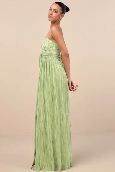 Lulus Oswin Lime Green Satin Plisse Strapless Maxi Dress In Green