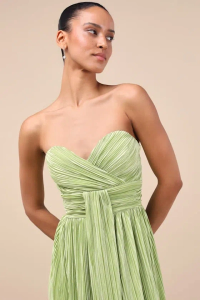Lulus Oswin Lime Green Satin Plisse Strapless Maxi Dress In Green
