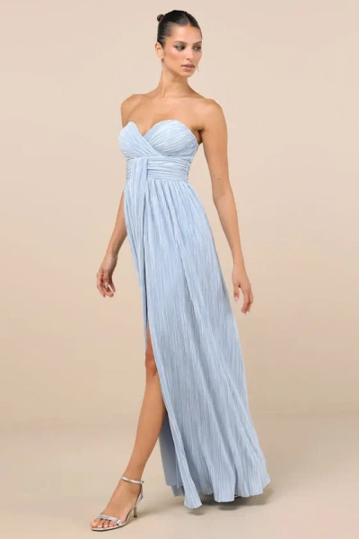 Lulus Oswin Light Blue Satin Plisse Strapless Maxi Dress In Light Blue