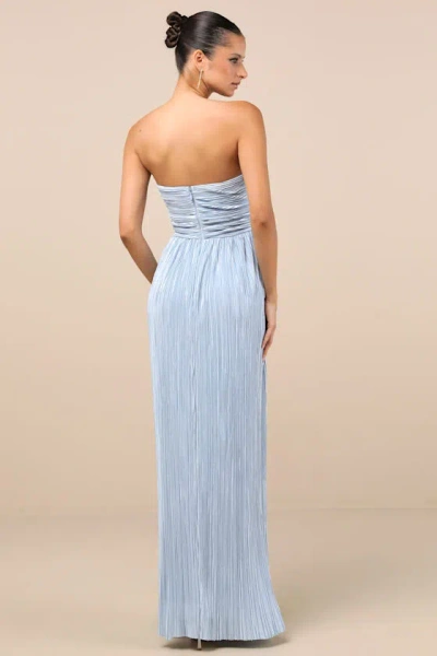 Lulus Oswin Light Blue Satin Plisse Strapless Maxi Dress In Light Blue