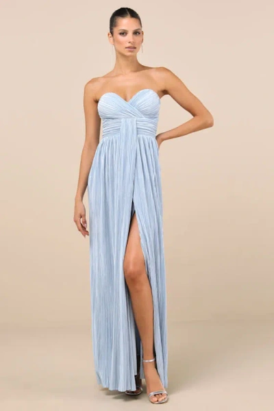 Lulus Oswin Light Blue Satin Plisse Strapless Maxi Dress In Light Blue