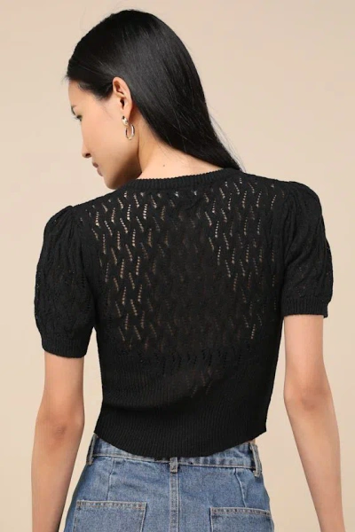 Lulus Annetta Black Pointelle Knit Button-front Crop Top In Black
