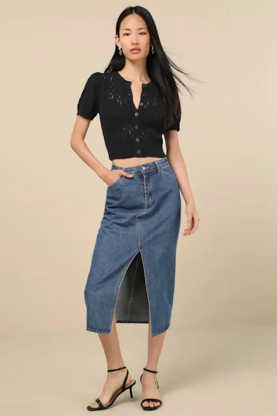 Lulus Annetta Black Pointelle Knit Button-front Crop Top In Black