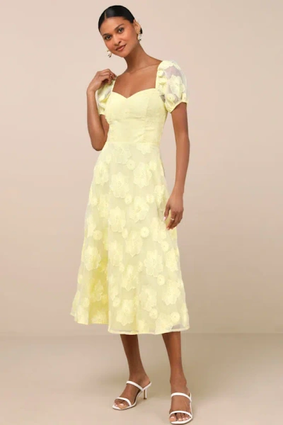 Lulus Sweetest Behavior Yellow Embroidered Puff Sleeve Midi Dress In Yellow