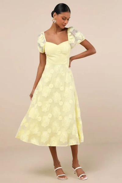 Lulus Sweetest Behavior Yellow Embroidered Puff Sleeve Midi Dress In Yellow