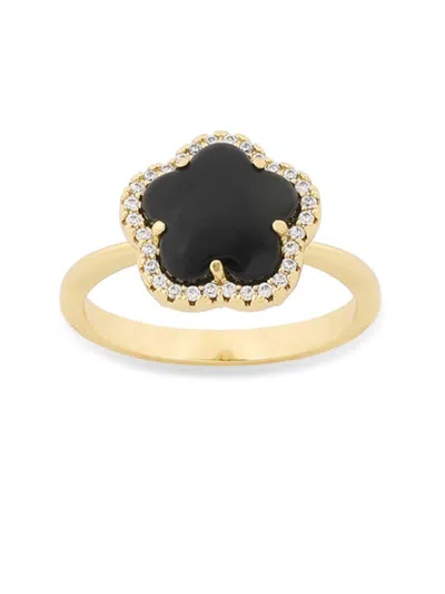 Jankuo Women's 14k Goldplated, Cubic Zirconia & Onyx Clover Ring In Black