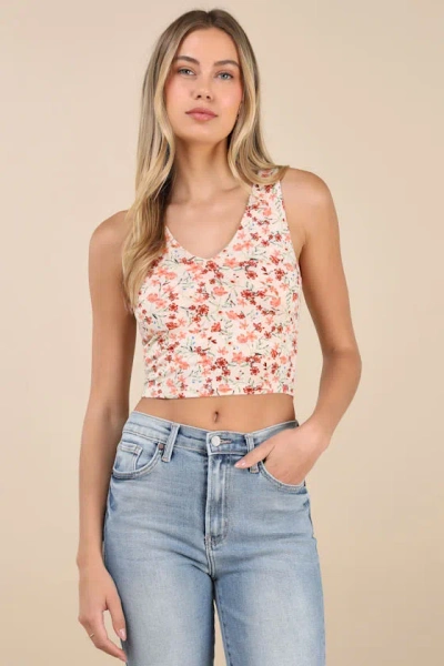 Lulus Basics Feel Like Dancing Cream Multi Floral Print Crop Top In Cream Multi