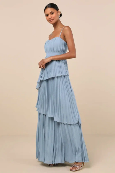 LULUS JEHONA DUSTY BLUE PLEATED TIERED MAXI DRESS 
