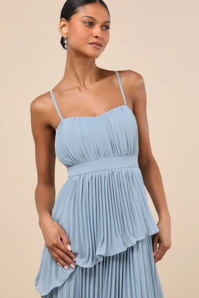LULUS JEHONA DUSTY BLUE PLEATED TIERED MAXI DRESS 