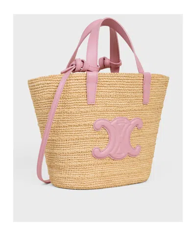 Celine Teen Supple  Classic Panier In Raffia And Calfskin In Silk Pink