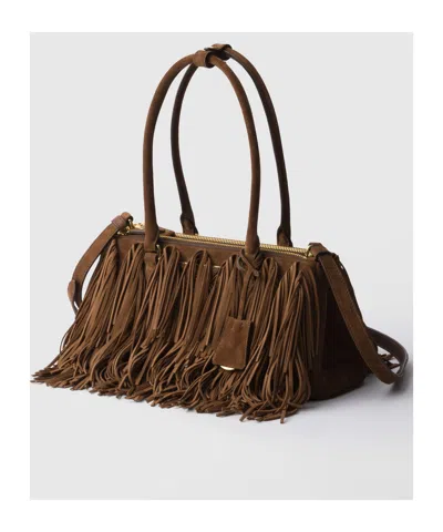 Prada Galleria Medium Suede Bag With Fringe In Cocoa Brown