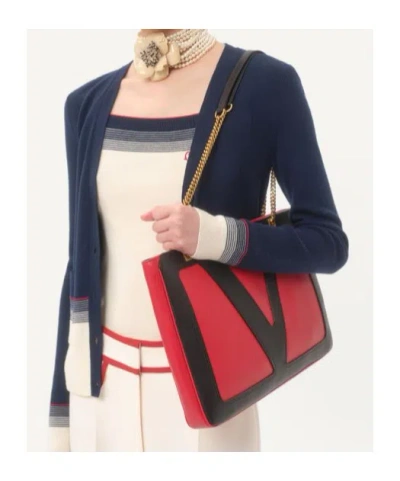 Valentino House V-neck Cardigan With Patch Pockets In Navy Blue/birch