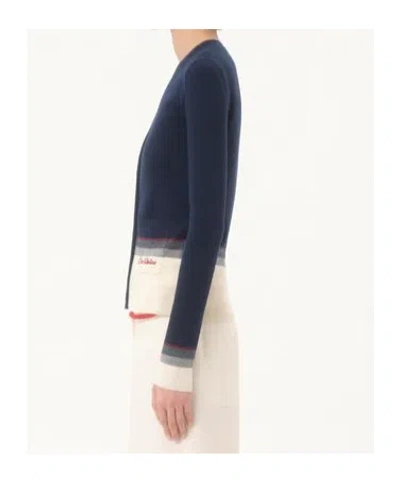 Valentino House V-neck Cardigan With Patch Pockets In Navy Blue/birch