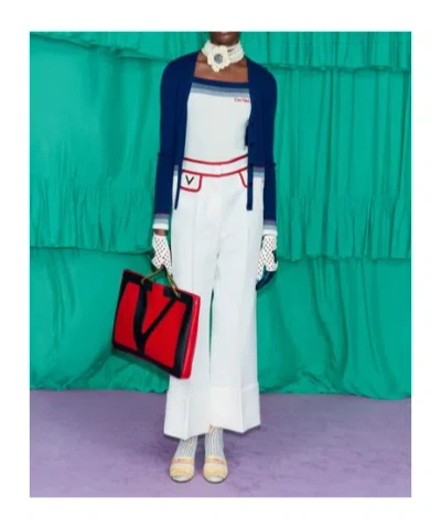 Valentino House V-neck Cardigan With Patch Pockets In Navy Blue/birch