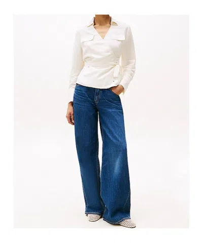 Tommy Hilfiger Textured Linen Wrap Blouse With Belted Waist In Ivory Petal