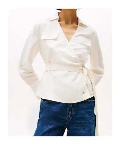 Tommy Hilfiger Textured Linen Wrap Blouse With Belted Waist In Ivory Petal