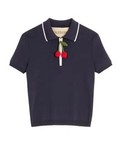 Valentino Polo Shirt Cotton Embroidered Detail In Navy Blue/ivory