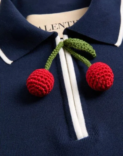 Valentino Polo Shirt Cotton Embroidered Detail In Navy Blue/ivory