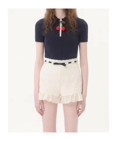 Valentino Polo Shirt Cotton Embroidered Detail In Navy Blue/ivory