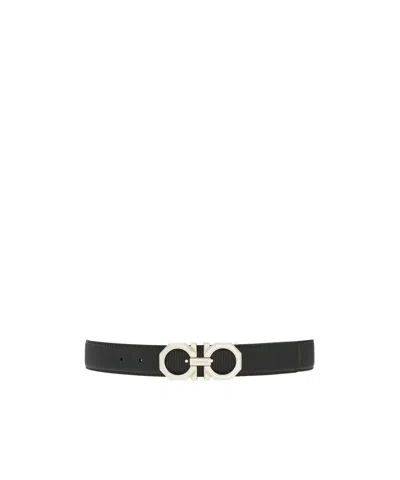 Ferragamo Reversible Hammered Leather Gancini Belt In Black/olive Green