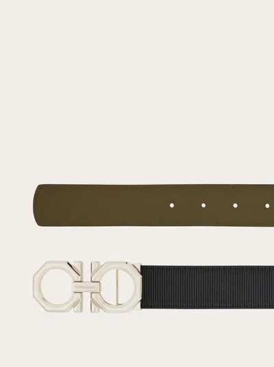 Ferragamo Reversible Hammered Leather Gancini Belt In Black/olive Green