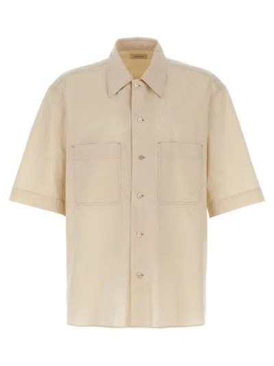 Lemaire Boxy-cropped Short-sleeved Shirt With Dual Chest Pockets In Beige