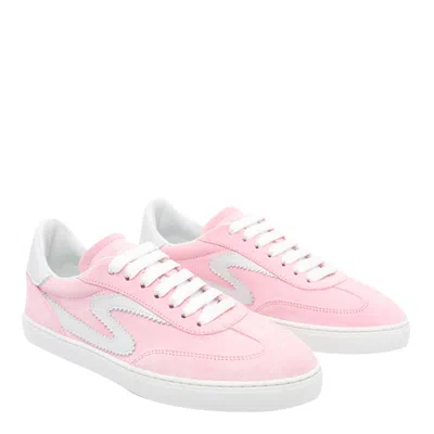 Stuart Weitzman Round Toe Suede Sneakers With Contrast Heel In Pink Marshmallow/white