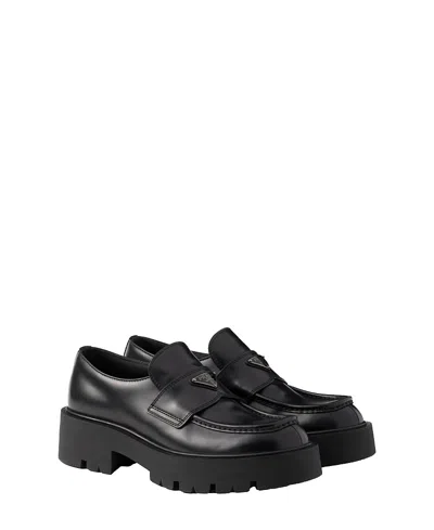 Prada Monolith Brushed Leather Loafers In Black