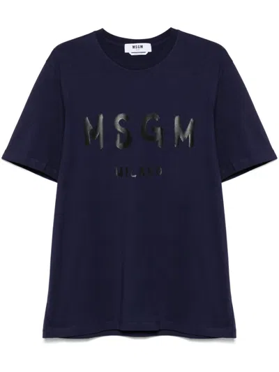 Msgm Over T-shirt In Blue Cotton With Printed Black Logo In Blue