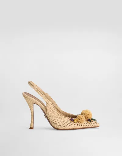 Dolce & Gabbana Rafia Crochet Slingback With Stones In Multicolor