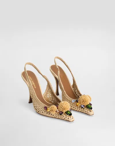 Dolce & Gabbana Rafia Crochet Slingback With Stones In Multicolor