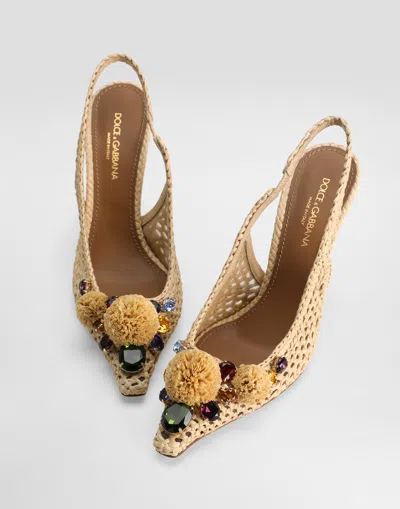 Dolce & Gabbana Rafia Crochet Slingback With Stones In Multicolor