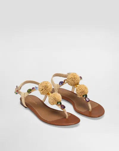 Dolce & Gabbana Embellished Raffia-effect Thong Sandals In Multicolor