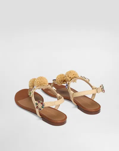 Dolce & Gabbana Embellished Raffia-effect Thong Sandals In Multicolor