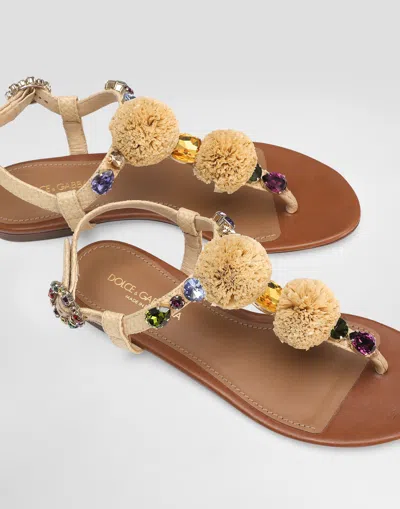 Dolce & Gabbana Embellished Raffia-effect Thong Sandals In Multicolor