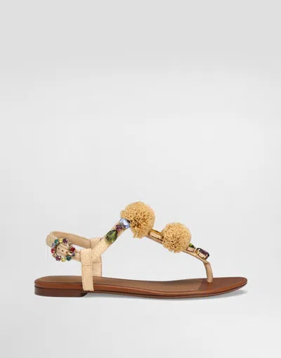 Dolce & Gabbana Embellished Raffia-effect Thong Sandals In Multicolor