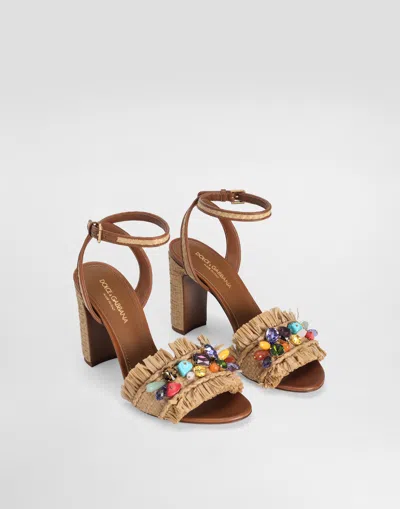 Dolce & Gabbana Frayed Sandal With Rhinestone Embroidery In Multicolor