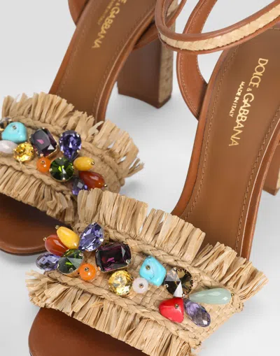 Dolce & Gabbana Frayed Sandal With Rhinestone Embroidery In Multicolor