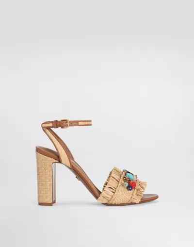 Dolce & Gabbana Frayed Sandal With Rhinestone Embroidery In Multicolor