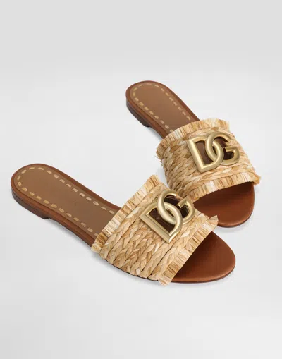 Dolce & Gabbana Raffia Braid Slipper With Fringes In Multicolor