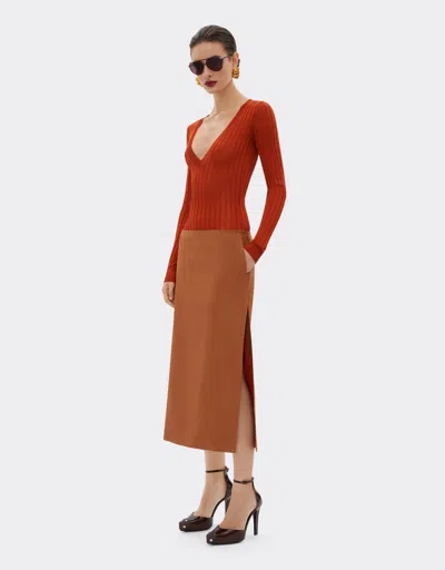 Ferrari Midi Skirt In Linen And Viscose Gabardine In Tabacco
