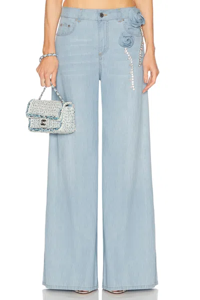Area Crystal Rosette Wide Leg Jeans In Super Light Blue