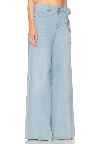 Area Crystal Rosette Wide Leg Jeans In Super Light Blue