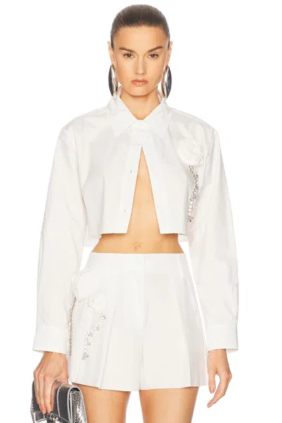 Area Crystal Rosette Poplin Cropped Shirt In Off White