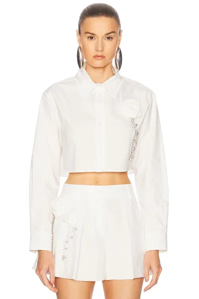 Area Crystal Rosette Poplin Cropped Shirt In Off White