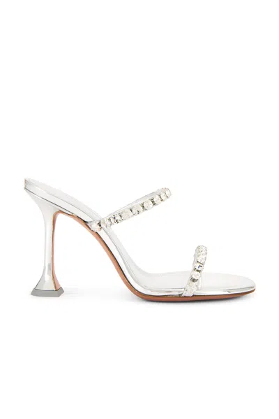 Amina Muaddi Metallic Leather Slippers With Crystal Embellishments In Silver