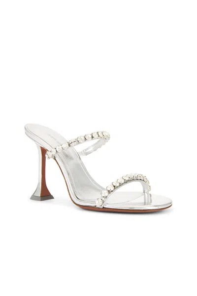 Amina Muaddi Metallic Leather Slippers With Crystal Embellishments In Silver