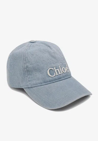 Chloé Light Blue Denim Baseball Cap With Logo In Blue
